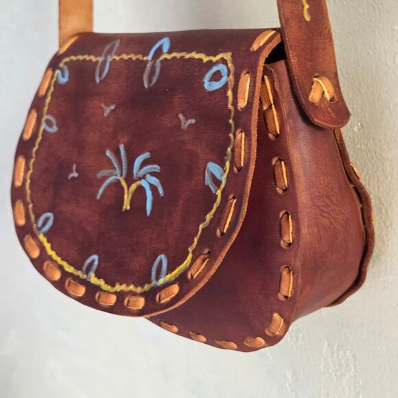 Handmade Handbags - VTG 70s Hand Tooled Painted 100% Leather Saddle Bag Shoulder Purse Boho Hippie